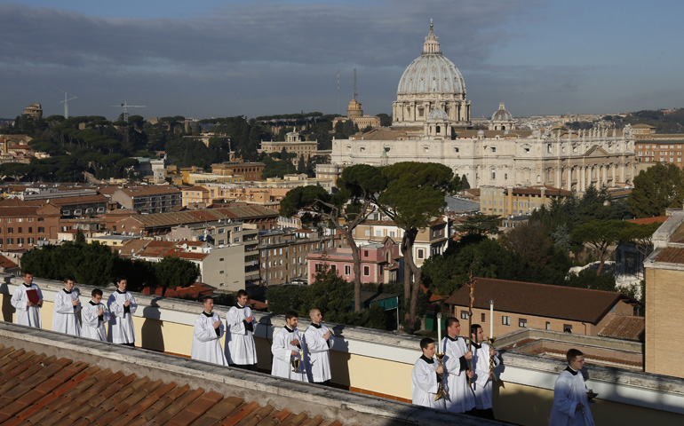 Seminarians lead a procession during the dedication of a new building Tuesday at the Pontifical North American College in Rome. (CNS/Paul Haring)