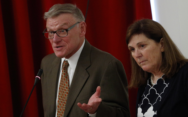 Robert Senkewicz and Rose Marie Beebe speak at a media briefing on Blessed Junipero Serra sponsored by the Los Angeles archdiocese Thursday in Rome. (CNS/Paul Haring)