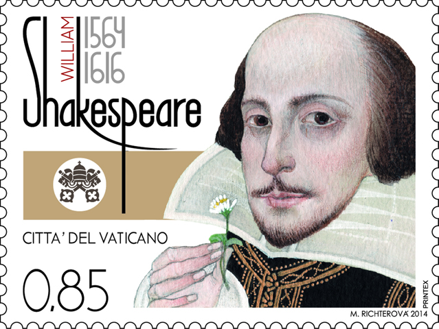 The Vatican Post Office will celebrate the 450th anniversary of the birth of William Shakespeare with a stamp featuring art work by Czech artist Marina Richterova. The stamp will go on sale Nov. 21 at the Vatican. (CNS/Courtesy Vatican Philatelic and Numismatic Office) 