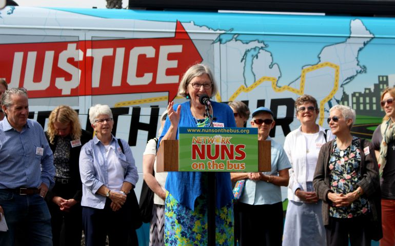 Social Service Sr. Simone Campbell, executive director of Network, a Catholic social justice lobby, speaks Oct. 8 during the Nuns on the Bus kickoff event in Santa Monica, California. (Heather Adams)