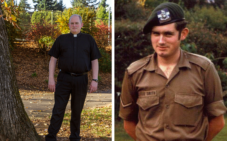 Fr. Peter Smith, vicar general and moderator of the curia for the archdiocese of Portland, Ore., is pictured in a combination photo, showing him today in late October and in his military uniform in the late 1970s. (CNS/Catholic Sentinel/Le Vu)  
