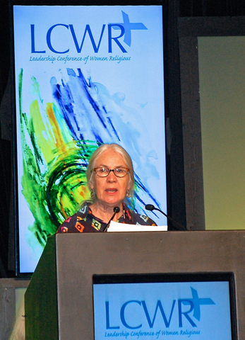 Activist Debra Pekny speaks to LCWR members Thursday in Nashville, Tenn., about her efforts to stop the proposed Bluegrass Pipeline, which was to carry natural gas and natural gas liquids such as propane, methane and butane, from Ohio to Louisiana. (Dan Stockman)