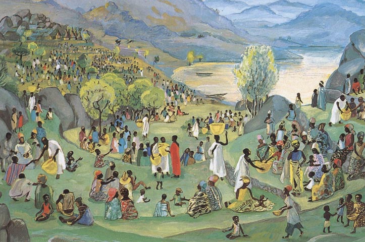 "Jesus multiplies the loaves and fishes" by artist Bénédite de la Roncière, based on a depiction of the Gospel scene created by a Christian community in Cameroon (Vie de Jésus MAFA, www.jesusmafa.com)
