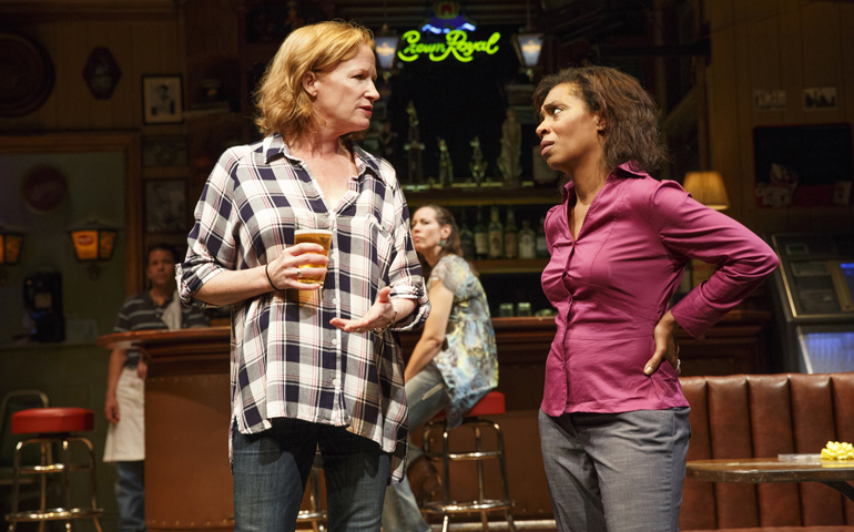 Johanna Day and Michelle Wilson (foreground), and Carlo Albán and Miriam Shor in "Sweat." (Photo credit: Joan Marcus)