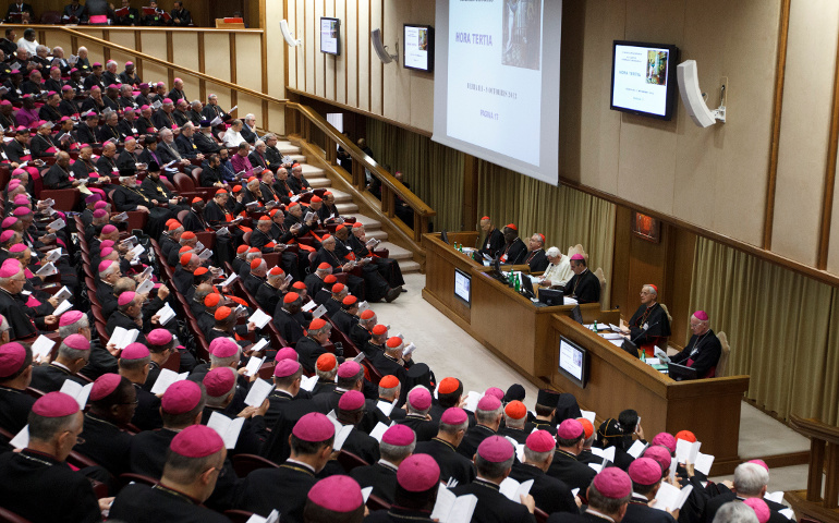 Pope Benedict XVI leads a meeting of the Synod of Bishops on the new evangelization Tuesday at the Vatican. (CNS/Paul Haring) 