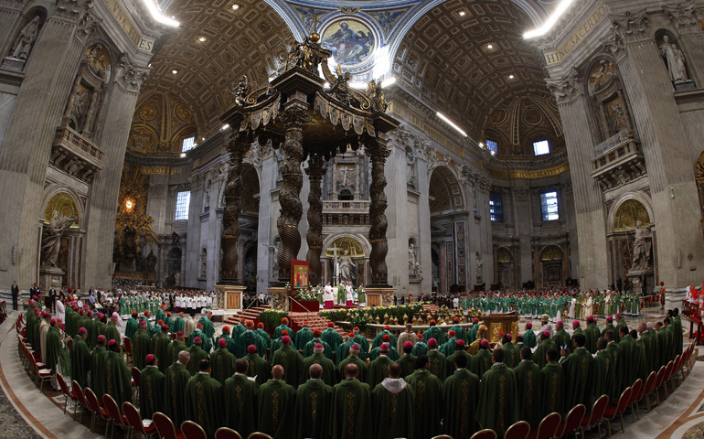 Pope Francis celebrates a Mass to open the extraordinary Synod of Bishops on the family Sunday in St. Peter's Basilica at the Vatican. (CNS/Paul Haring)