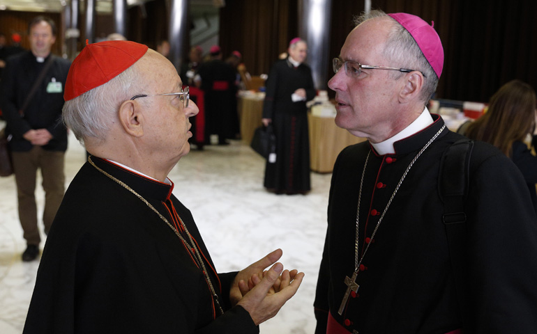 Italian Cardinal Lorenzo Baldisseri, general secretary of the Synod of Bishops, left, speaks with Archbishop Paul-André Durocher, president of the Canadian Conference of Catholic Bishops, before the Thursday morning session of the extraordinary Synod of Bishops on the family at the Vatican. (CNS/Paul Haring)