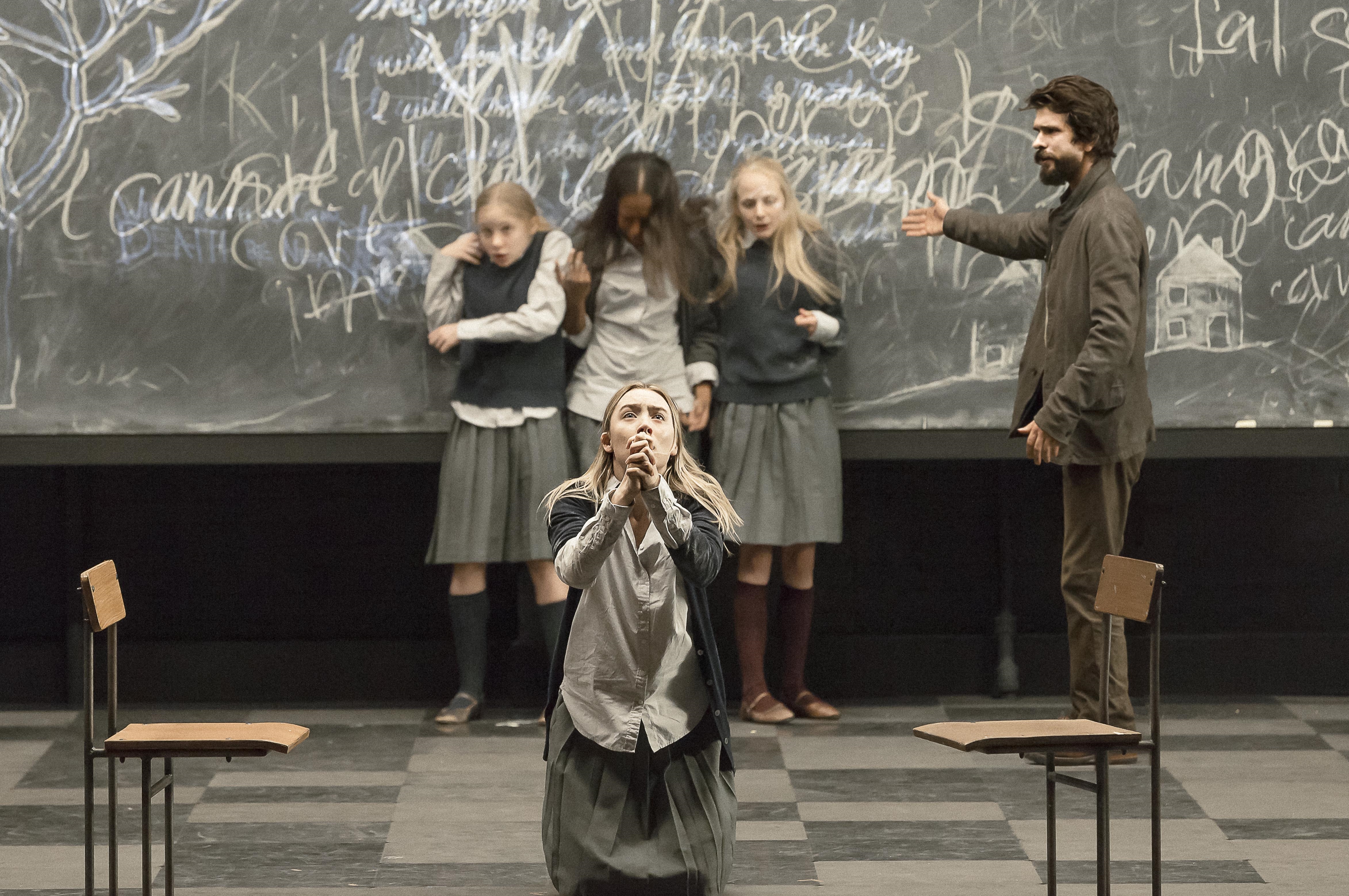 Saoirse Ronan (foreground) and Elizabeth Teeter, Ashlei Sharpe Chestnut, Erin Wilhelmi and Ben Wishaw (background) in a scene from "The Crucible," directed by Ivo van Hove (Jan Versweyveld)