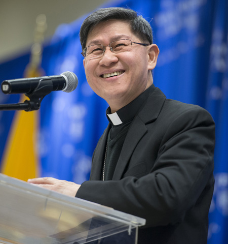 Cardinal Luis Antonio Tagle of Manila, Philippines, delivers the annual Cardinal Dearden Lecture on March 2 at The Catholic University of America in Washington. (CNS/The Catholic University of America/Ed Pfueller)