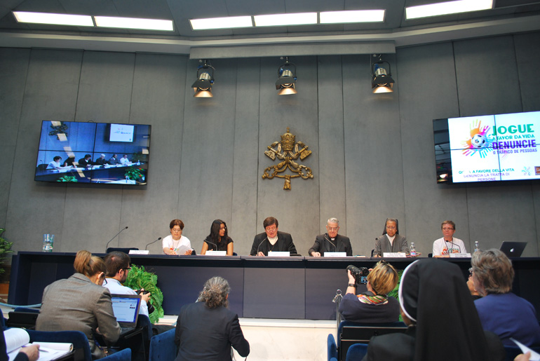 A press conference May 20 at the Vatican launches the "Play for Life" campaign included Sr. Estrella Castalone, coordinator of Talitha Kum and Prefect Cardinal Dom Joao Braz di Aviz. (Courtesy of Talitha Kum)