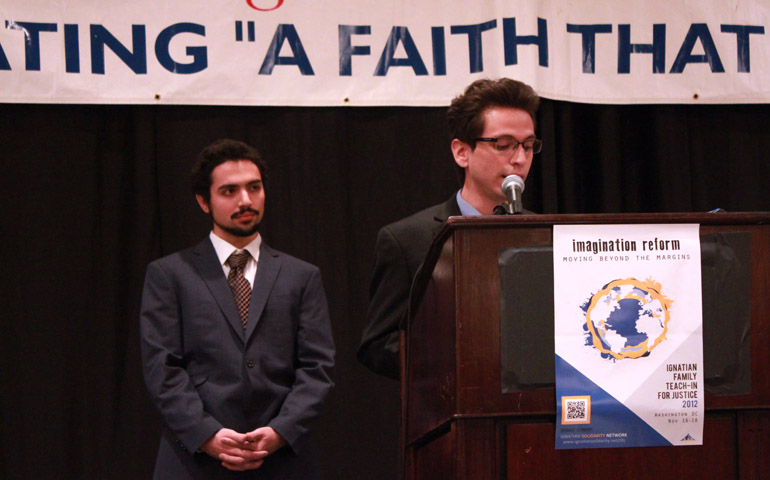 Nestor Pimienta, left, and Alexander Abbasi, seniors at Loyola Marymount University, give a talk, "Tutoring Tomorrow Today: An Innovative Initiative Building a More Inclusive Society," at the Ignatian Family Teach-In for Justice. (Jazmin Infante)