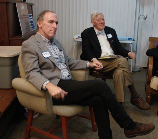 Terry Coonan, left, and Sandy D'Alemberte answer questions after their presentations to a rally against the death penalty Oct. 24 in Tallahassee, Fla. (Pax Christi/John Stewart)