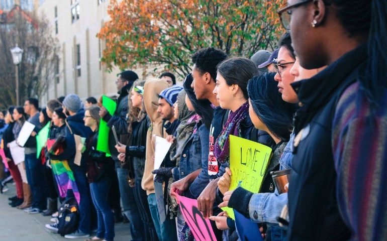 University of Notre Dame students form a line to protest President Donald Trump's policies. (Saskia Hennecke)