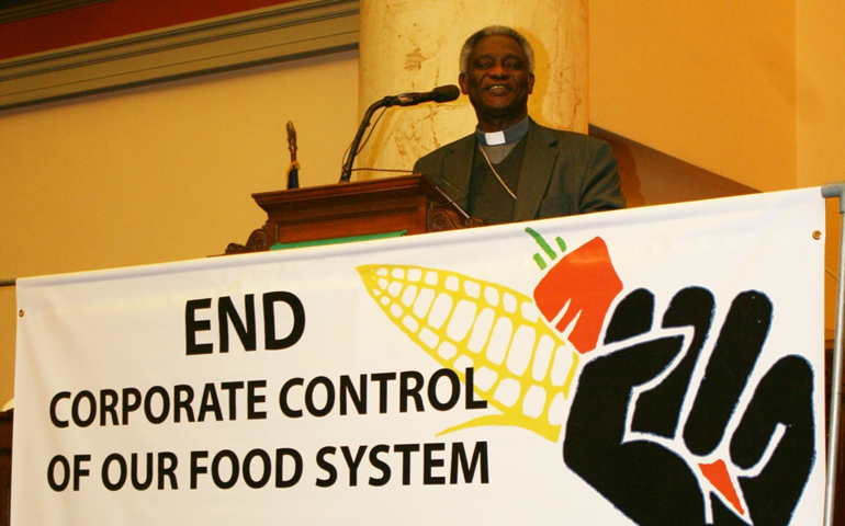 Cardinal Peter Turkson delivers the opening remarks at the Occupy the World Food Prize event Wednesday at First United Methodist Church in Des Moines, Iowa. (NCR Photo/Megan Fincher)  