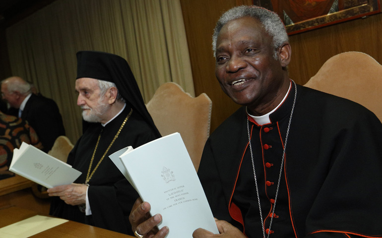Cardinal Peter Turkson, president of the Pontifical Council for Justice and Peace, and Orthodox Metropolitan John of Pergamon hold copies of Pope Francis' encyclical on the environment before a June 18 news conference at the Vatican. (CNS/Paul Haring)