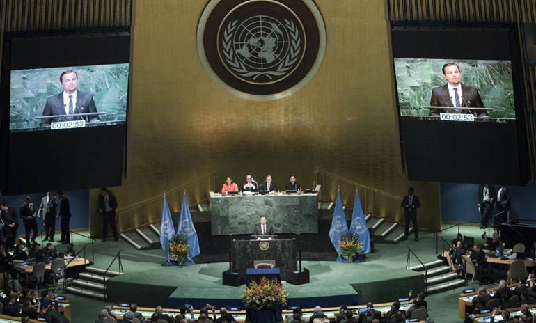 Secretary-General Ban Ki-moon hosted a signing ceremony for the Paris Agreement on Climate Change on 22 April at the United Nations. Messenger of Peace Leonardo Dicaprio addresses the opening segment of the signature ceremony. (United Nations photo)