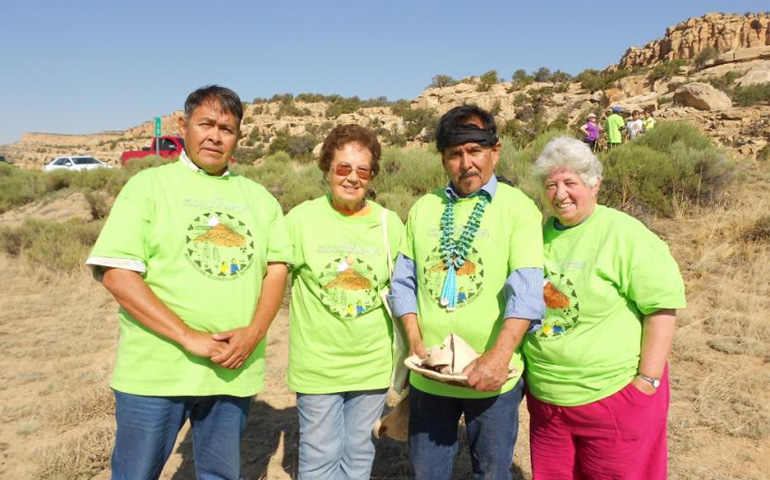 Some of the people who gathered July 23 to mark the 35th anniversary of the Church Rock Radioactive spill: Larry King with Eastern Navajo Diné Against Uranium Mining; Sr. Rose Marie Cecchini, MM, director of Life, Peace, Justice and Creation Stewardship Office of the Gallup diocese; Mr. Bluehouse, Holy Man; and Sr. Marlene Perrotte, RSM, human and Earth rights activist living in Albuquerque. (Joan Brown) 