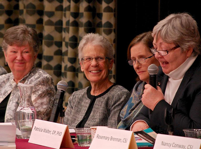 Dominican Sr. Patricia Walter speaks Monday at an event at Loyola University in Chicago promoting the book "Power of Sisterhood: Women Religious Tell the Story of the Apostolic Visitation." Walter was one of the book's nine authors. Looking on are St. Joseph Sr. Jean Wincek, Blessed Virgin Mary Sr. Mary Ann Zollmann and Margaret Cain McCarthy. (Dan Stockman) 