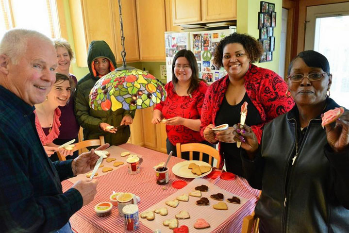 On Saturday, Feb. 14, 2015, Vis Companions convened to bake and decorate Valentine's at St. Jane House: Jeff Pearson, Anna Dourgarian, Lisa Emory, Javon, Christie Schmidt, Bianca Franks and Linda Goynes. (Brian Mogren / Courtesy of Visitation Monastery of Minnesota)