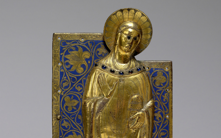 Detail of a French cross fragment of the Mourning Virgin, 1210-1220, champlevé enamel on copper with gilding and glass. (The Walters Art Museum)