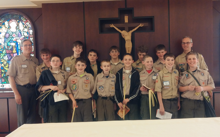 Front row, from left: Alex Honan, John White, Carl Dankwardt, Andrew O'Keefe, Tim Barry, Justin Cappuccio, and Max Scerbin; back row, from left: Assistant Scoutmaster Patrick Whelan, Adam Tubman, Olivier Whelan, Matthew Buffo, Ries Scerbin, Isaac Niedzielski, Patrick O'Neil, and incoming Scoutmaster David Buffo