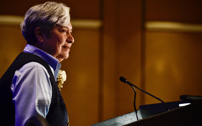Sr. Norma Pimentel, a member of the Missionaries of Jesus, speaks Aug. 16 after receiving the Leadership Conference of Women Religious 2019 Outstanding Leadership Award for her work with immigrants along the United States' southern border.  (GSR photo / Dan Stockman)