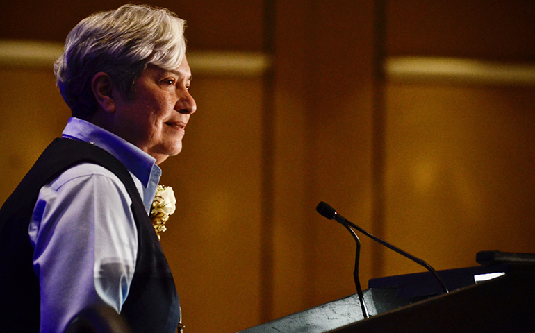 Sr. Norma Pimentel, a member of the Missionaries of Jesus, speaks Aug. 16 after receiving the Leadership Conference of Women Religious 2019 Outstanding Leadership Award for her work with immigrants along the United States' southern border. (GSR photo / Dan Stockman)
