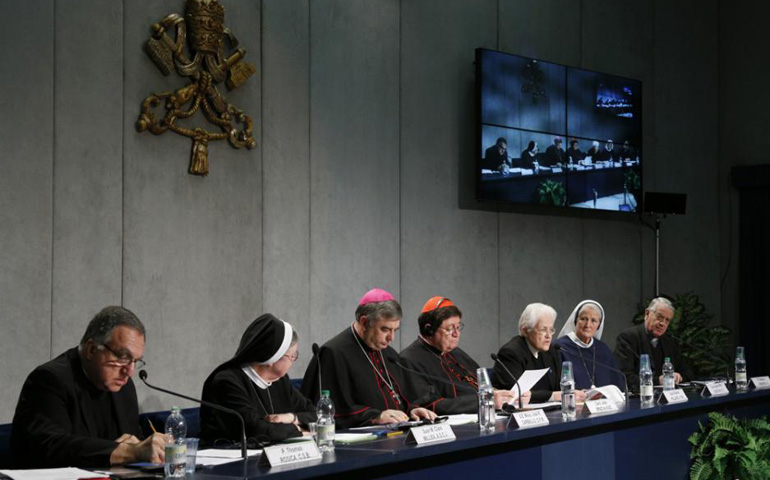 From left: Basilian Fr. Thomas Rosica, Mother Mary Clare Millea, Archbishop Jose Rodriguez Carballo, Brazilian Cardinal Joao Braz de Aviz, Sr. Sharon Holland, and Sr. Agnes Mary Donov at a Vatican press conference Tuesday for release of the final report of the apostolic visitation. (CNS/Paul Haring)