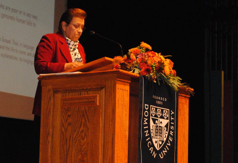 University of San Diego professor Maria Pilar Aquino address the NCR 50th annivesary conference Oct. 24. (NCR photo/Jaratsri Piewklieng)