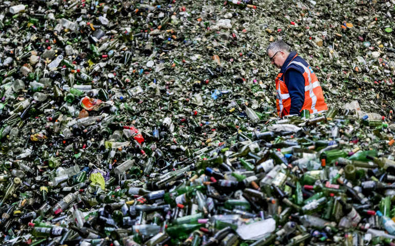 Bottles consumed during Christmas and New Year's celebrations await recycling in Gameren, Netherlands, Jan. 3. (CNS photo/Remko De Wall, EPA)