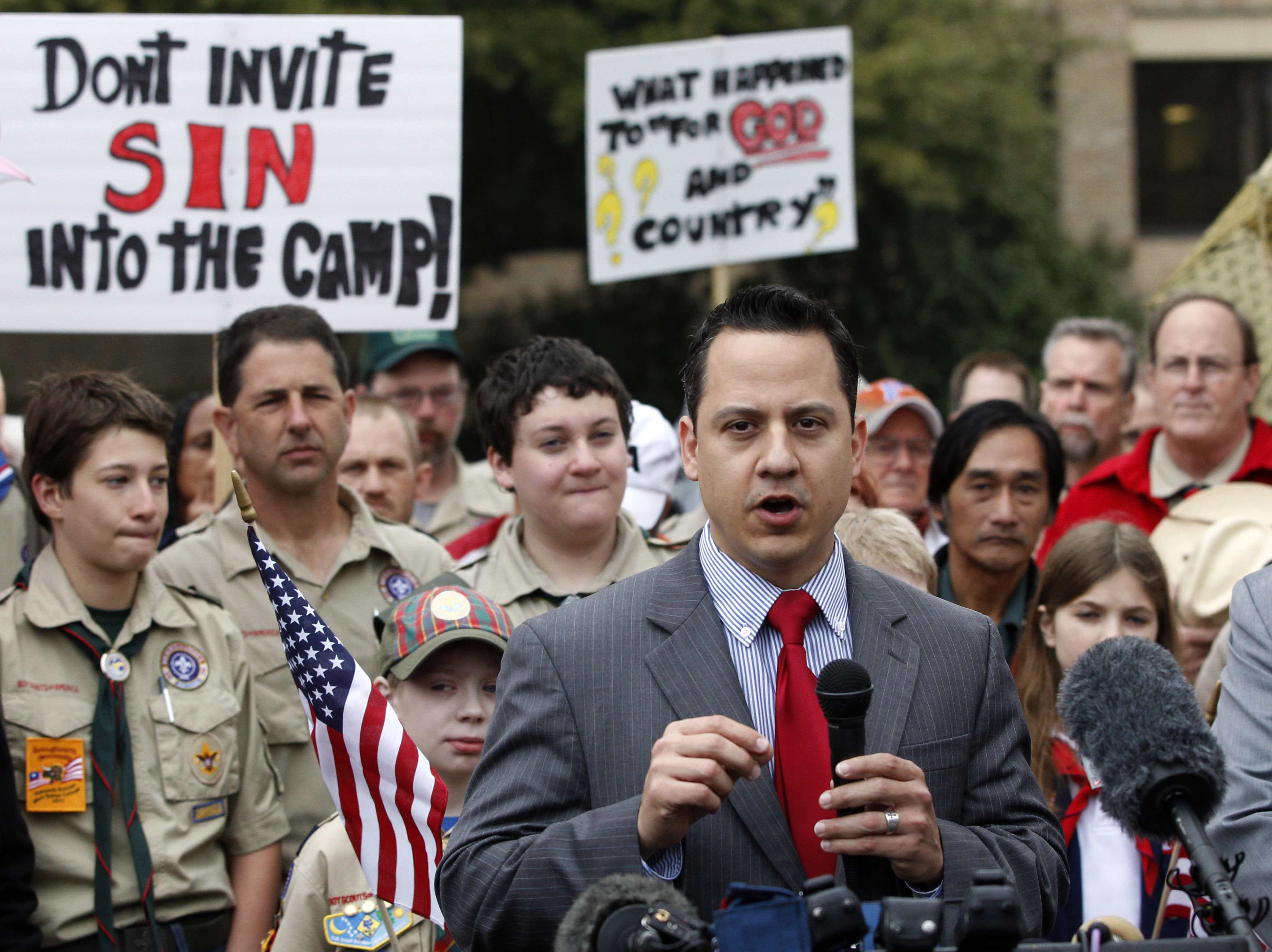 Jonathan Saenz, president of Texas Values, speaks during a prayer vigil and rally outside the Boy Scouts of America headquarters in Irving, Texas, Feb. 6. Saenz, a Catholic attorney, urged the Boy Scouts not to end its ban on openly homosexual scouts and troop leaders. (CNS photo: Darrell Byers/Reuters)