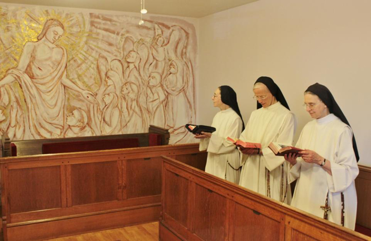 Dominican Srs. Sr. Mary Columba, Mary Grace and Sr. Emmanuella pray in the chapel together at the Caterina Benincasa Monastery in New Castle, Delaware. Their community was established in 2007. (GSR photo/Colin Evans)