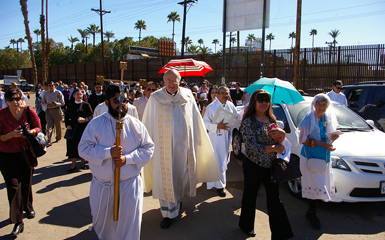San Diego Bishop Robert McElroy takes part in a Feb. 8 prayer procession along the U.S.-Mexico border in Calexico, Calif.  (The Southern Cross)  