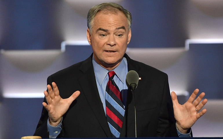 Sen. Tim Kaine (Democrat of Virginia) makes remarks accepting the Democratic Party nomination for Vice President of the United States during the third session of the 2016 Democratic National Convention at the Wells Fargo Center in Philadelphia, Pennsylvania on Wednesday, July 27, 2016. (Ron Sachs/CNP)