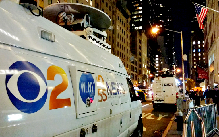 Local television news trucks park in a bus lane near Trump Tower in New York City on Nov. 16, 2016, in the week following Donald Trump's election as U.S. president. (Dreamstime/Erin Alexis Randolph)