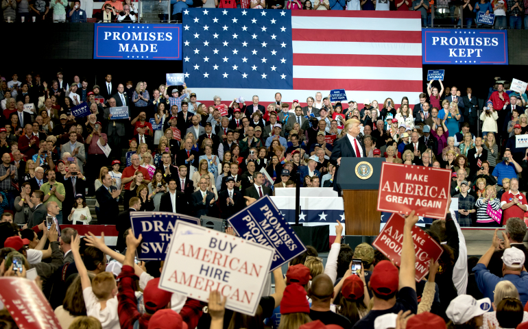President Donald Trump addresses supporters at a rally inside Freedom Hall in Louisville, Kentucky, on March 20. (Dreamstime/Joe Tabb)