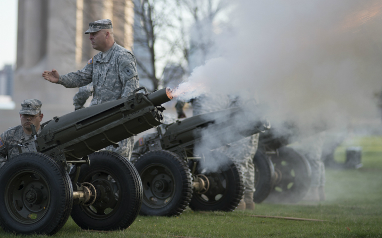 The command to fire cannons is given to soldiers as part of the National World War I Memorial ceremony commemorating the 100 year anniversary of the U.S. entry into World War I. (NCR/George Goss)