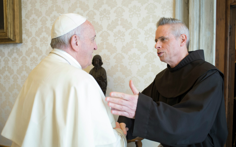 Pope Francis greets Father Michael Perry, minister general of the Order of Friars Minor, during a meeting with the superiors of the four main men’s branches of the Franciscan family at the Vatican April 10. (CNS/L'Osservatore Romano)