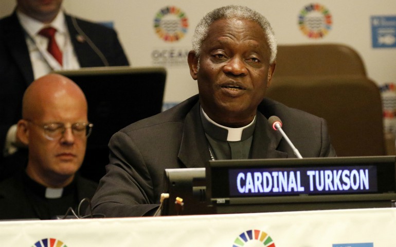 Ghanaian Cardinal Peter Turkson, prefect of the Vatican's Dicastery for Promoting Integral Human Development, speaks June 6 at the U.N. Ocean Conference in New York City. (CNS photo/Gregory A. Shemitz)