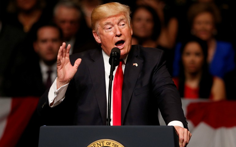 U.S. President Donald Trump speaks July 16 at the Manuel Artime Theater in Little Havana, a neighborhood of Miami. (CNS photo/Joe Skipper, Reuters)