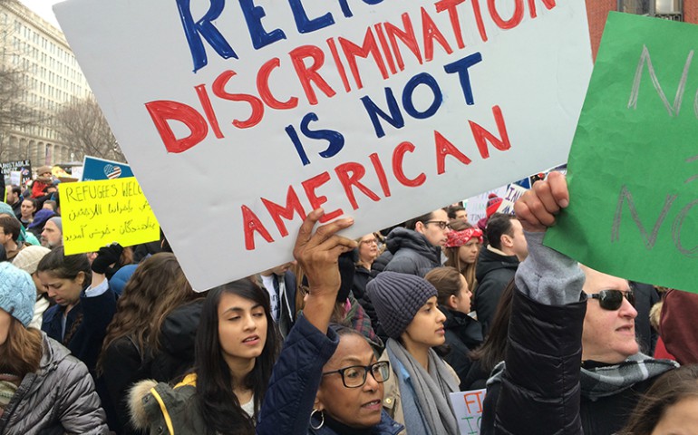 Protesters outside the White House on Jan. 29, 2017, demonstrating against President Donald Trump's original travel ban. (RNS/Jerome Socolovsky)