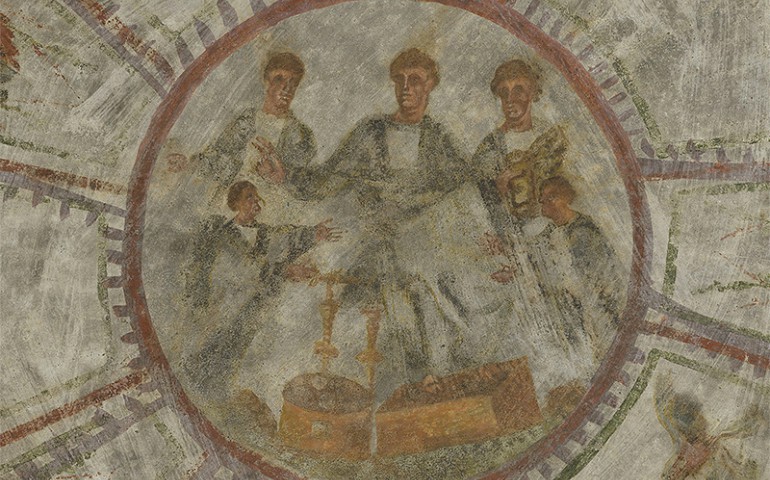 This fresco shows Christ flanked by two saints who were believed to be Christian martyrs. (Pontifical Commission for Sacred Archaeology)