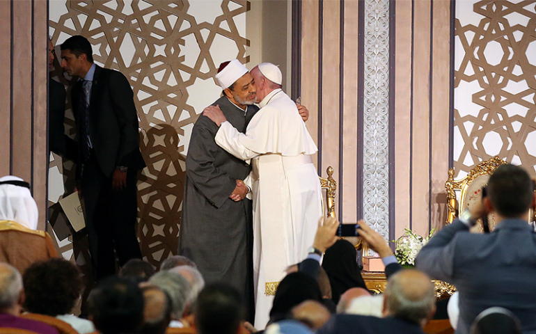 Pope Francis, right, embraces Al-Azhar's Grand Imam Ahmed al-Tayeb during a meeting in Cairo, Egypt, on April 28, 2017. (Reuters/Alessandro Bianchi)