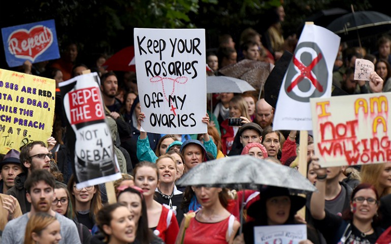 Demonstrators take part in a protest on Sept. 24, 2016, in Dublin to urge the Irish government to repeal the eighth amendment to the constitution, which enforces strict limitations to a woman's right to an abortion. (Reuters/Clodagh Kilcoyne)