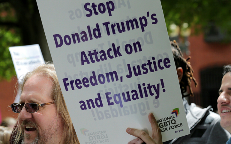 LGBT groups rally to oppose the religious freedom executive order that President Trump is expected to sign, outside the White House in Washington, D.C, on May 3, 2017. (Reuters/Yuri Gripas)