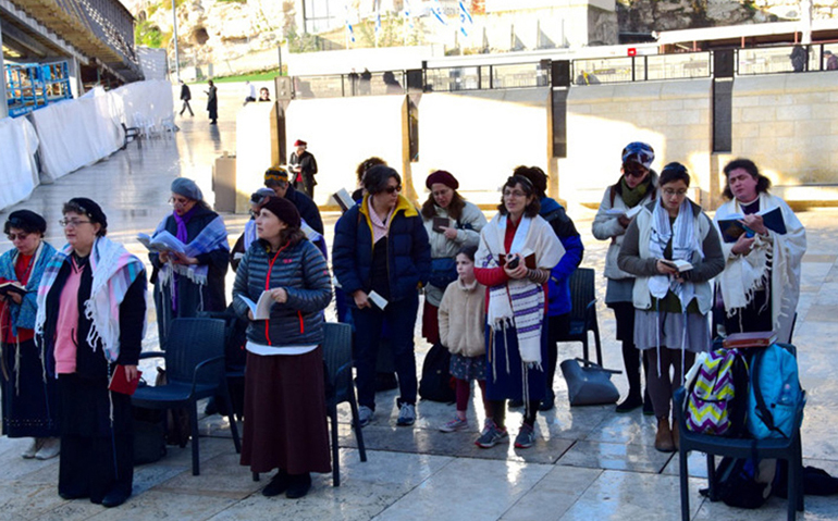 Members of the Original Women of the Wall say morning prayers at the Western Wall in Jerusalem on Feb. 3, 2016. (Photo courtesy of Shmuel Browns)