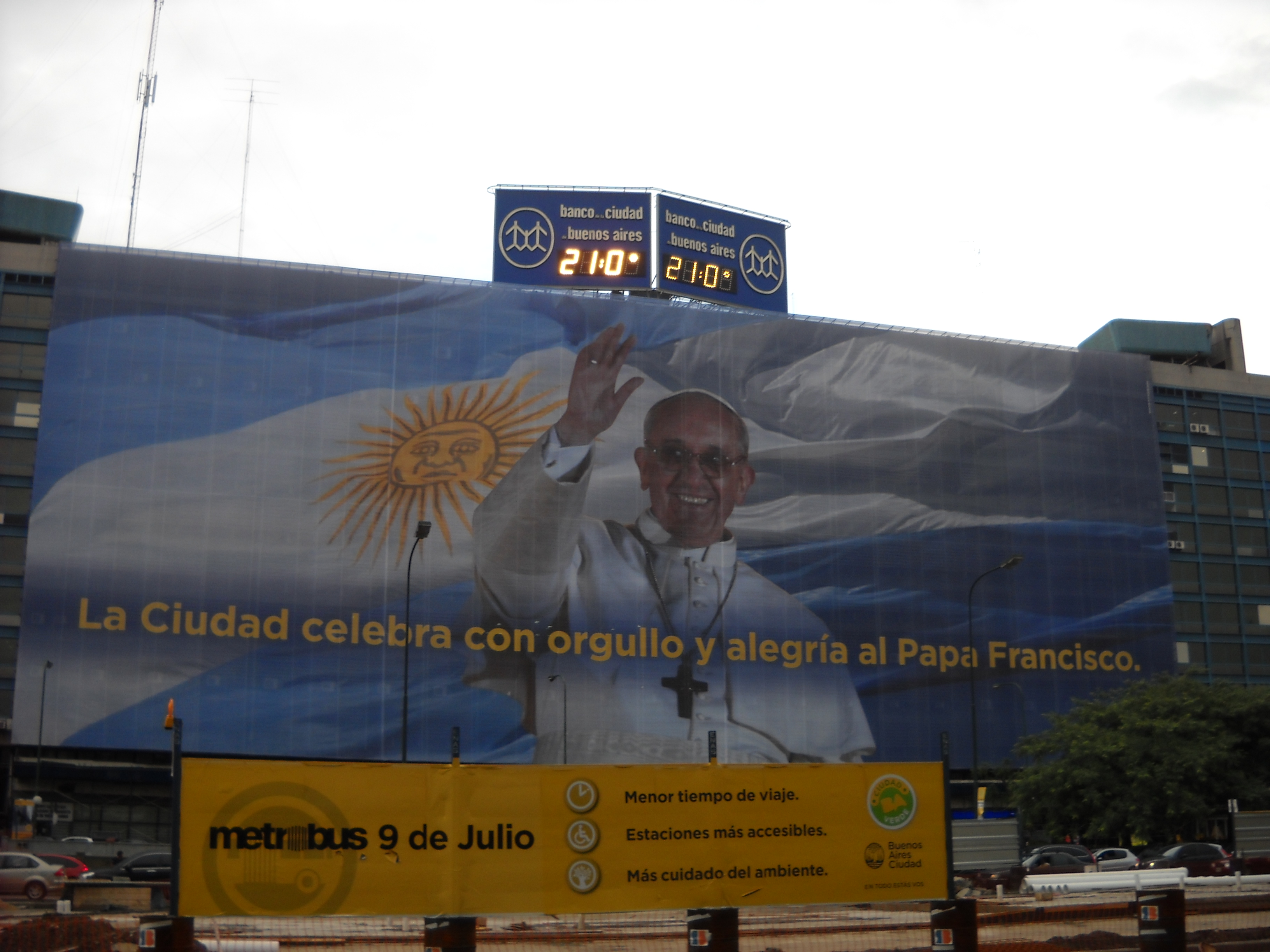 Massive billboard celebrating Pope Francis on side of major city building in downtown Buenos Aires, Argentina