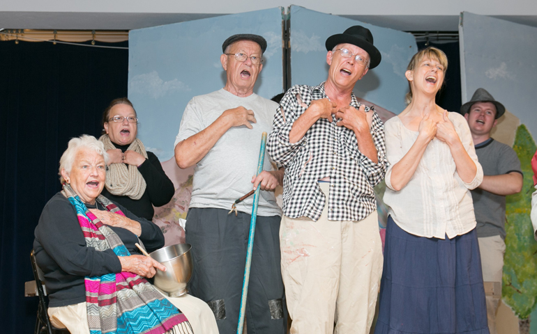 Musical cast members, left to right, Genie Dypa, Christine Newton, Ed Dypa, Jeff Howey, Barbara Harvey, and John Sedensky (Sandy Aldieri/PerceptionsCt.com)