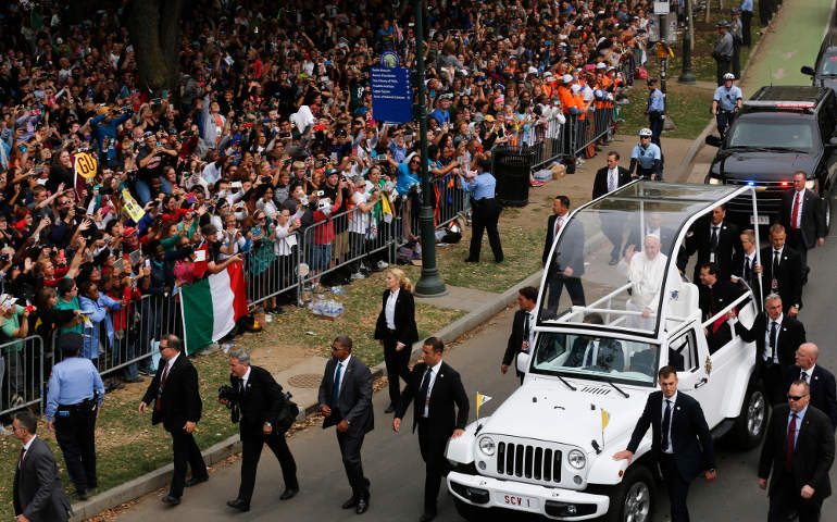 Pope Francis arrives in the popemobile for the closing Mass of the World Meeting of Families in Philadelphia Sept. 27. (CNS photo/Bob Roller)