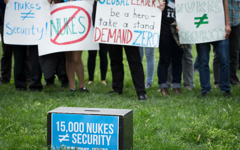 Demonstrators in Washington protest nuclear weapons April 1. (CNS/Tyler Orsburn)